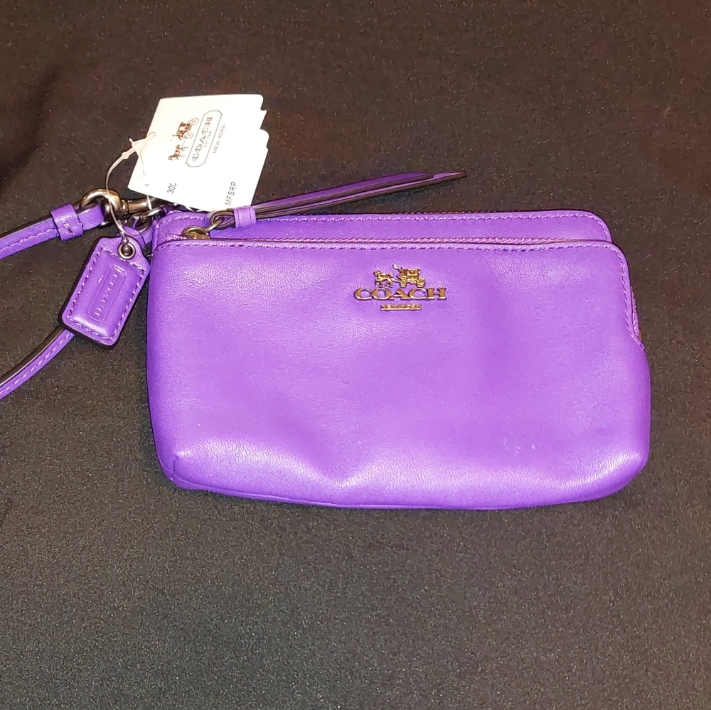 Coach Madison Leather Double Zipper Wristlet Purple Iris